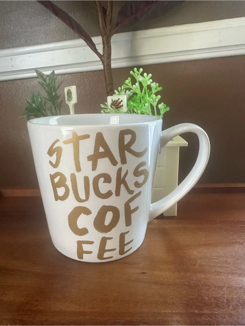 White Ceramic Starbucks Gold Lettering/Graffiti 14 Oz Coffee Cup/Mug 2015 Preown